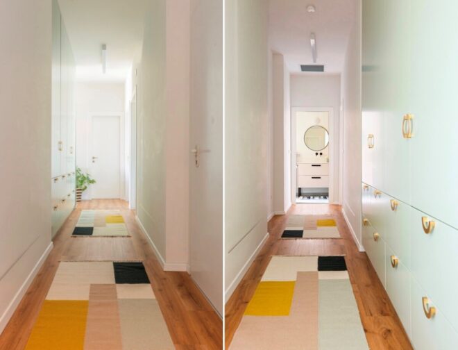 במסדרון נפרשו שטיחים בצורות גאומטריות המהדהדים את העיצוב הנבחר